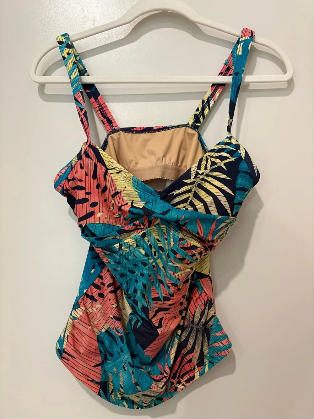 L.L. Bean UPF 50 Tankini Top Print Tropical Palm Leaf Adjustable Straps Cups 10